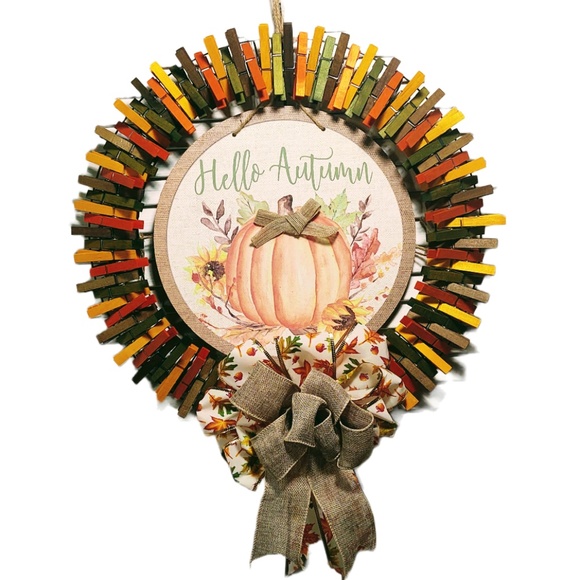 Hand Crafted Fall Clothespin Wreath - Picture 1 of 7